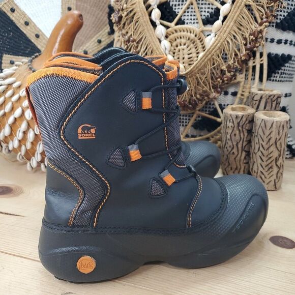 Sorel Youth 5/Women 6 Winter Snow Boots "Icepack" Black Orange Tech Lite EUC - Picture 1 of 14